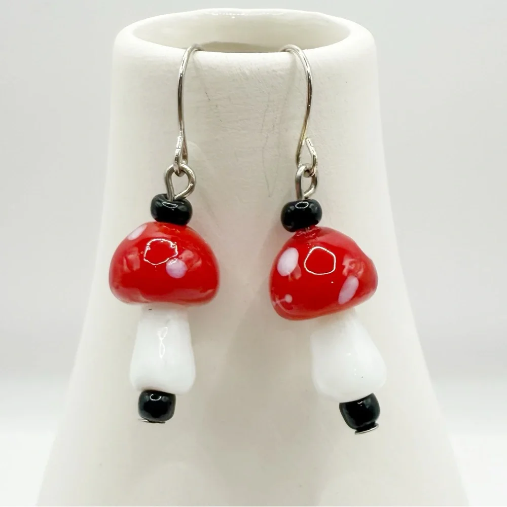 Handmade Red Mushroom Dangle Earrings Cottagecore Fairy